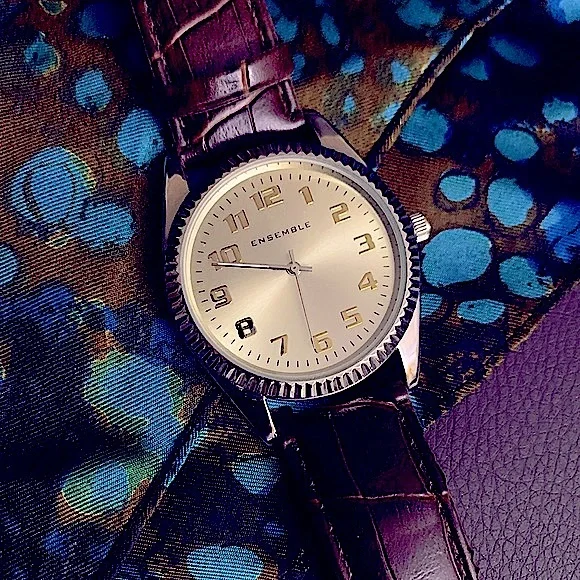 New»Stylish-Clean Men’s Sliver+Gold Classic Brown Leather Watch Band By Ensemble - Picture 12 of 16